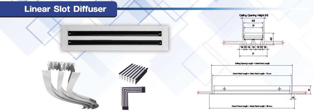 ภาพ Linear Slot Diffuser พลาสติก ABS พร้อม diagram เทคนิค