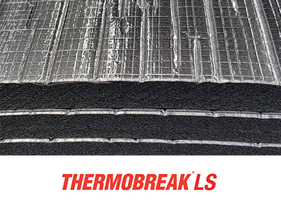 โครงสร้าง 3 ชั้นของ Thermobreak LS — aluminium foil + closed-cell polyolefin foam + adhesive backing